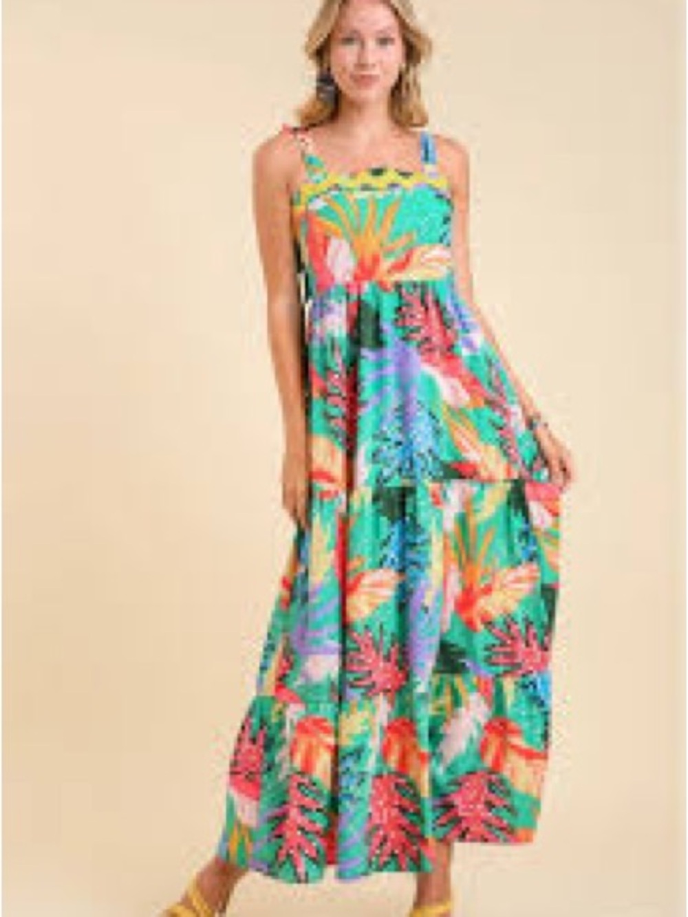 Sold - Multi-Color Tropical Maxi Dress in Teal and Coral